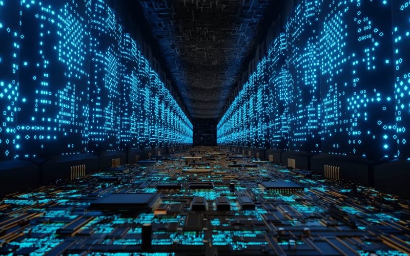 Futuristic alien Supercomputer Connection Network Data Center 3d rendered