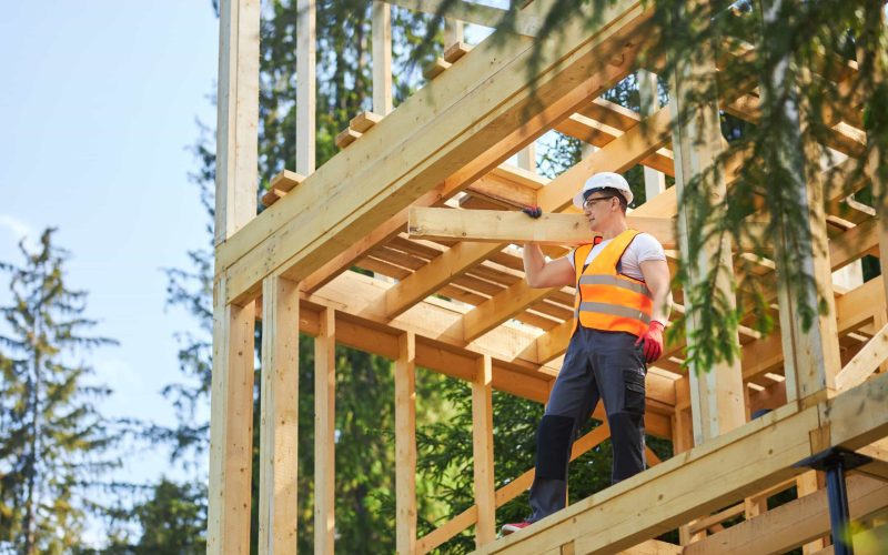 Side view of strong male builder, holding, raising, carrying wooden board, gilder, looking forward. Mna wearing uniform and helmet constructing wooden house. Concept of building.